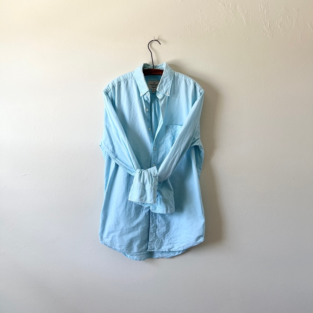 American Eagle Seriously Soft Bright Blue Cotton Classic Fit MT Tall Long Sleeve
